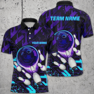 Mens Bowling polo shirts Custom purple blue abstract Bowling Team league Jerseys, bowling gifts NQS7096