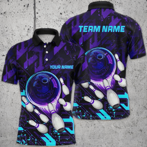 Mens Bowling polo shirts Custom purple blue abstract Bowling Team league Jerseys, bowling gifts NQS7096