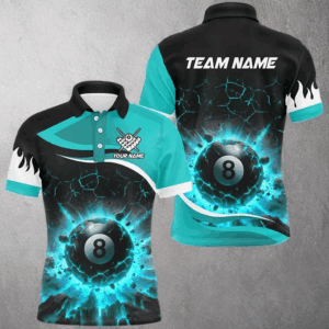 Personalized Turquoise 8 Ball Pool Crack Flame Men Billiard Jersey, Team League Billiard Team Shirts TDM2440