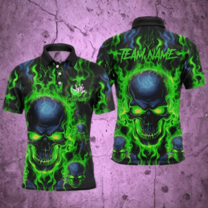 Custom Bowling Polo Shirts Men Green Flame Skull Team Bowling Jerseys Halloween Bowler Outfits IPHW5379