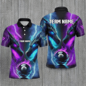 Custom Blue Purple Fire 3D Dragon 8 Ball Pool Billiard Shirts For Men, Team League Billiard Jerseys TDM2394