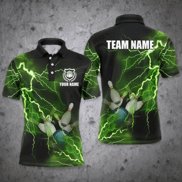 Mens polo bowling shirts Custom green lightning thunder Bowling Team Jersey, gift for team Bowlers NQS6146