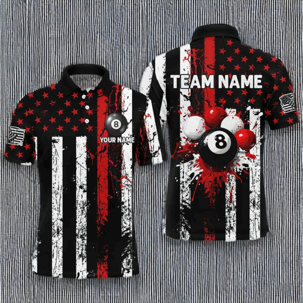 Red Grunge US Flag Patriotic Billiard Shirts For Men Custom Splash Paint 8 Ball Billiard Jerseys TDM2246