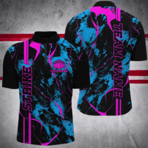 Custom Blue Pink Strike Bowling Shirts Men Quarter Zip Camo Bowling Team Jerseys Bowling League IPHW5387