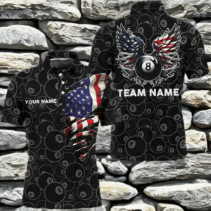 Personalized US Flag 8 Ball Billiard 3D Polo Shirts For Men, Funny Billiard 8 Ball Wings Jerseys VHM1000