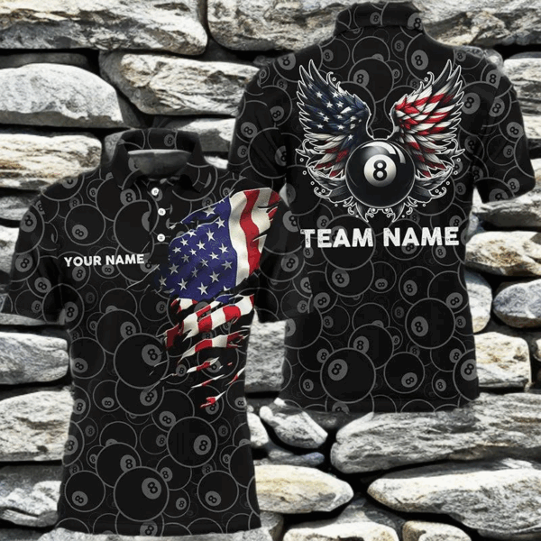 Personalized US Flag 8 Ball Billiard 3D Polo Shirts For Men, Funny Billiard 8 Ball Wings Jerseys VHM1000