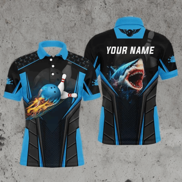 Personalized 3D bowling shirts for men Custom shark team blue bowling ball Bowling jerseys polo Shirts NQS5336