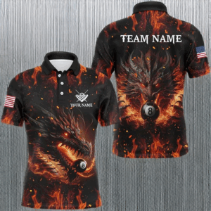 Personalized Dragon 8 Ball Pool Fire Flame Men Polo & Quarter-Zip Shirts, Unique Billiard Attire TDM2008