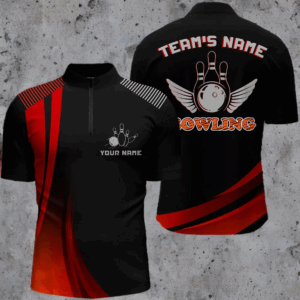 Custom Bowling Shirt for Men, Red & Black Bowling Jersey with Name League Bowling Quarter-Zip Shirt NBZ176