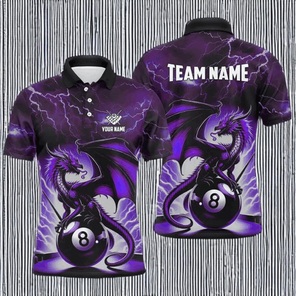Lightning Thunder Dragon Custom Purple 8 Ball Pool Shirts For Men, Billiard Team League Jerseys TDM1758
