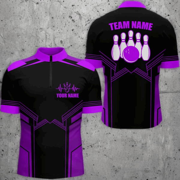 Purple Bowling Quarter Zip Shirt for Men Custom Bowling Jersey With Name Men's Bowling Team Shirt BDT80