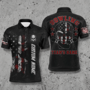 Skull Polo Bowling Shirt for Men, Patriotic Custom Name Team Bowlers Jersey American Flag NBP99