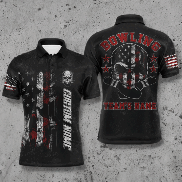Skull Polo Bowling Shirt for Men, Patriotic Custom Name Team Bowlers Jersey American Flag NBP99