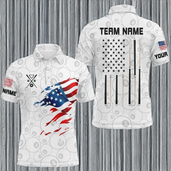 Personalized American Flag White Billiard Men Shirts Custom Patriotic Billiard Jerseys TDM1556
