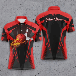 Personalized Men Bowling Polo Shirt Flame Bowling Ball and Pins, bowling polo for men bowlers | Red NQS4526