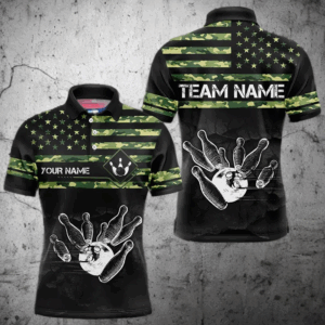 Personalized Green camo American flag Custom Bowling Team Shirts For Mens, Bowling League Jersey NQS9518
