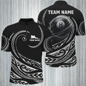 Black White 8 Ball Pool Tribal Pattern Men Quarter-Zip Shirts Custom Billiard Pool Jerseys TDM1454
