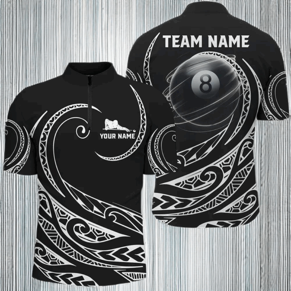 Black White 8 Ball Pool Tribal Pattern Men Quarter-Zip Shirts Custom Billiard Pool Jerseys TDM1454
