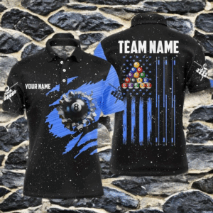 Customized Grunge American Flag 8 Ball Pool Men Billiard Polo Shirts, Pool Player Shirts |Blue TDM1115
