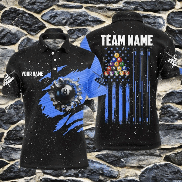 Customized Grunge American Flag 8 Ball Pool Men Billiard Polo Shirts, Pool Player Shirts |Blue TDM1115