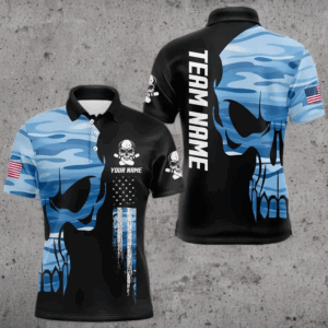 Blue Camo Skull American Flag Mens Bowling Shirts Custom Patriotic Bowling Team Jerseys For Men NQS9507