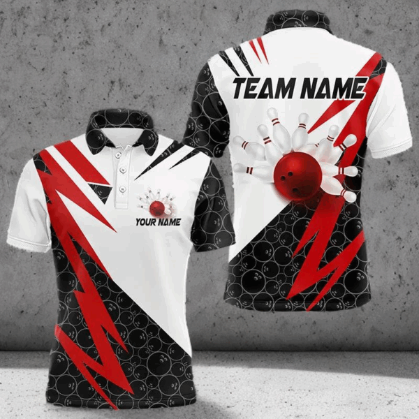 Black and White Bowling Polo, Quarter Zip Shirt for Men Custom Lightning Team bowling jerseys | Red NQS9324