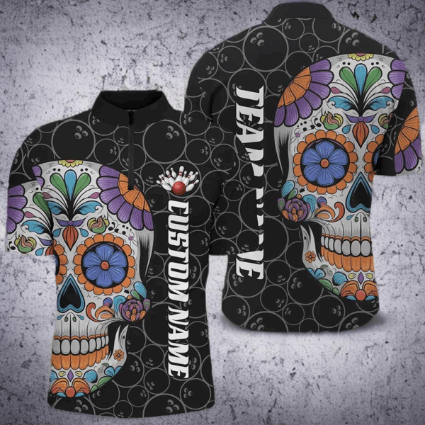 Custom Sugar Skull Bowling Shirts For Men, Halloween Bowling Team Shirts Bowlers Outfits IPHW7426
