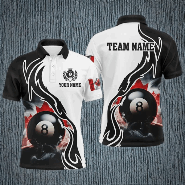 3D 8 Ball Pool Smoke Canada Flag Personalized Men Billiard Polo Shirts, Patriotic Shirts For Pooler TDM1143