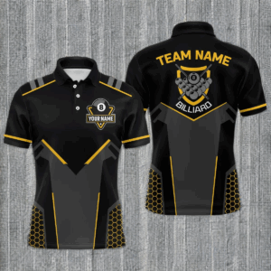 Personalized Style Black Yellow 8 Ball Billiard 3D Polo Shirts For Men, 8 Ball Pool Team Jerseys VHM1054