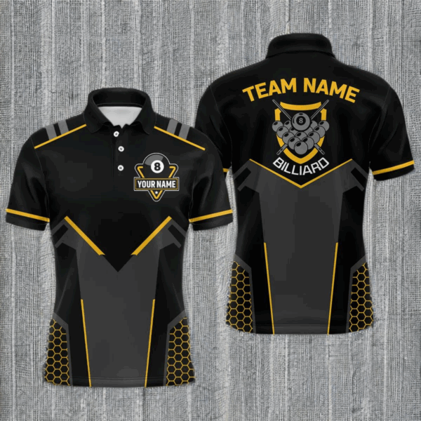 Personalized Style Black Yellow 8 Ball Billiard 3D Polo Shirts For Men, 8 Ball Pool Team Jerseys VHM1054