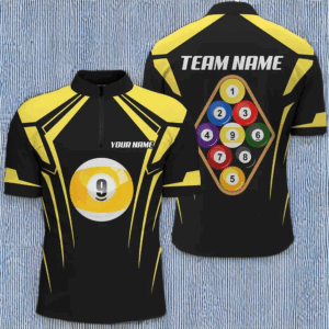 Personalized Black Yellow 9 Ball Pool 3D Quarter-Zip Shirts For Men, Billiards 9 Ball Team Jerseys VHM1035