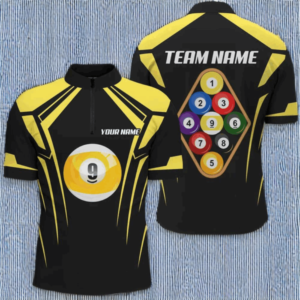 Personalized Black Yellow 9 Ball Pool 3D Quarter-Zip Shirts For Men, Billiards 9 Ball Team Jerseys VHM1035