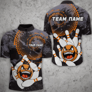 Orange Camo Bowling Shirt Funny Bowling Team Jersey for Men Quarter-Zip Bowling Shirt QZT255