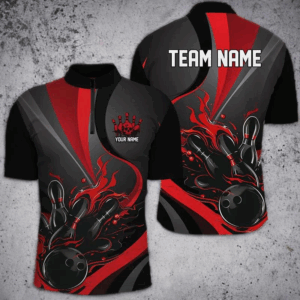 Red And Black Flame Bowling Team Shirts, Strike Bowling Short Sleeve Quarter Zip Shirts For Men IPHW6755