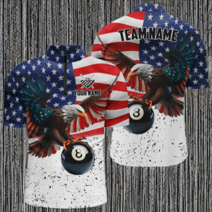 Billiard 8 Ball Eagle US Flag Personalized Men Quarter-Zip Shirt, 3D Eagle Billiard Shirts TDM1095