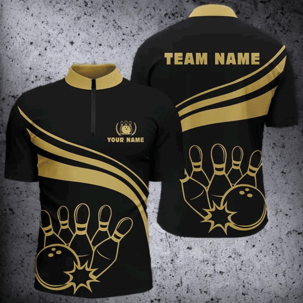 Personalized bowling Quarter Zip shirts for men, custom men's bowling shirt team bowl jersey | Black NQS6708
