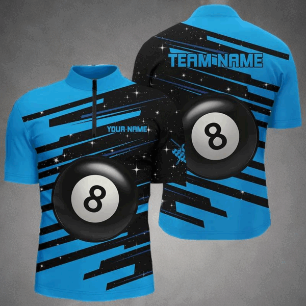 Blue 8 Ball Pool Billiard Jerseys Men Quarter-Zip Shirts Custom League Billiard Shirts TDM0697