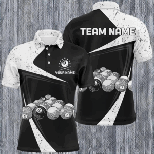 Personalized Black White Grunge Billiard Balls Polo Shirts For Men, Custom 8 Ball Pool Team Shirts VHM0787