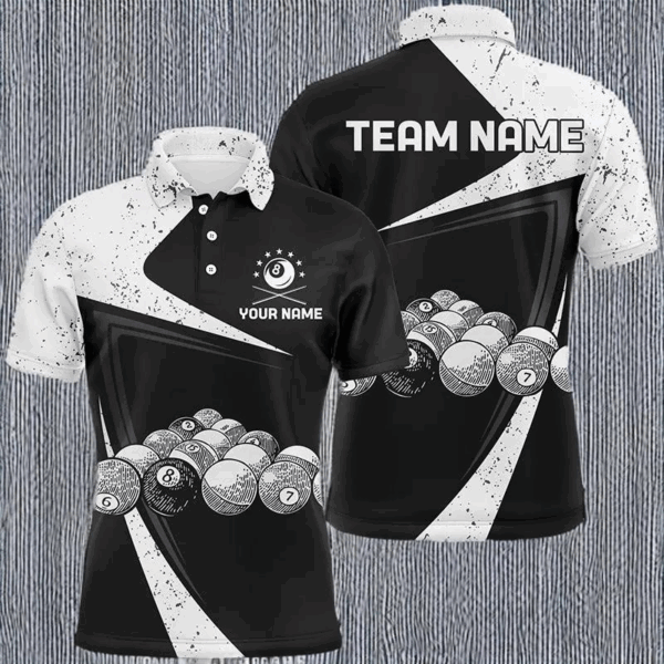 Personalized Black White Grunge Billiard Balls Polo Shirts For Men, Custom 8 Ball Pool Team Shirts VHM0787