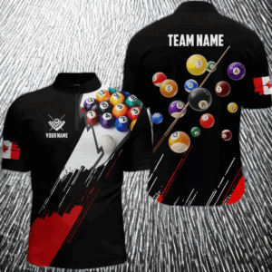 Personalized Red Black Billiard Balls Quarter-Zip Shirts For Men, Canadian Flag 8 Ball Pool Shirts VHM0758