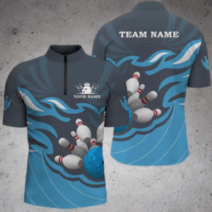 Men's bowling Quarter Zip shirts Custom bowling ball pins team league jersey, bowling gift | Blue NQS6266