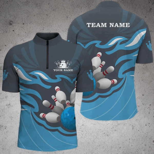 Men's bowling Quarter Zip shirts Custom bowling ball pins team league jersey, bowling gift | Blue NQS6266