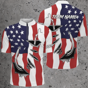 Custom American Flag Fishing Shirts With Fish Hook Design, Patriotic Fishing Team Jersey IPHW5142