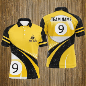 Personalized 9 Ball Pool Yellow Black Grunge Billiard Polo Shirts For Men, 9 Ball Billiard Jerseys VHM0633