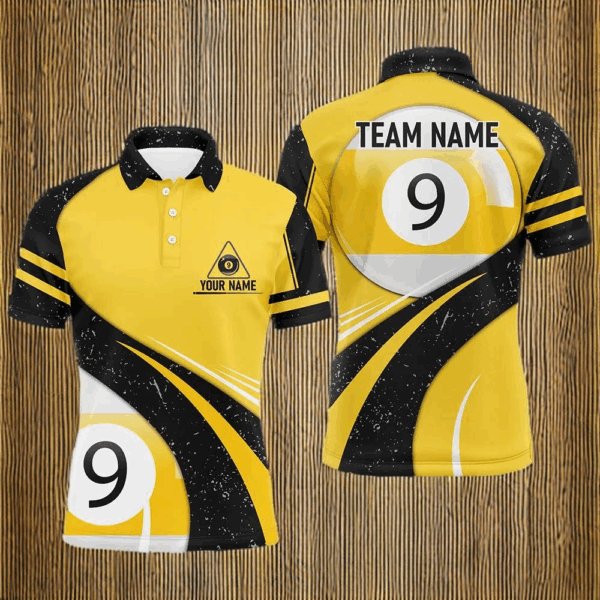 Personalized 9 Ball Pool Yellow Black Grunge Billiard Polo Shirts For Men, 9 Ball Billiard Jerseys VHM0633