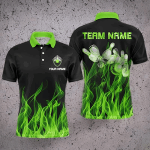 Personalized Men polo Bowling Shirt Green Flame Bowling Ball and Pins bowling jerseys for men Bowler NQS6034