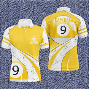 Personalized 9 Ball Pool Yellow White Grunge Billiard Polo Shirts For Men, 9 Ball Billiard Jerseys VHM0509