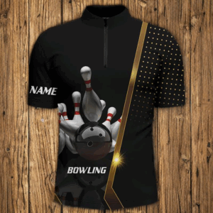 Personalized Men Bowling Quarter-Zip Shirt Black and Gold Men Bowlers Custom Team bowling Jersey NQS5947