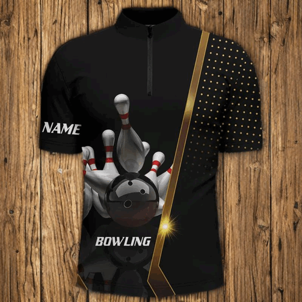 Personalized Men Bowling Quarter-Zip Shirt Black and Gold Men Bowlers Custom Team bowling Jersey NQS5947