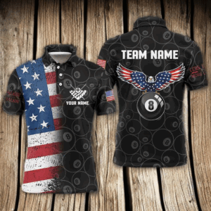 Personalized US Flag Eagle 8 Ball Pattern Billiard 3D Polo Shirts For Men, Custom Billiards Jerseys VHM0456